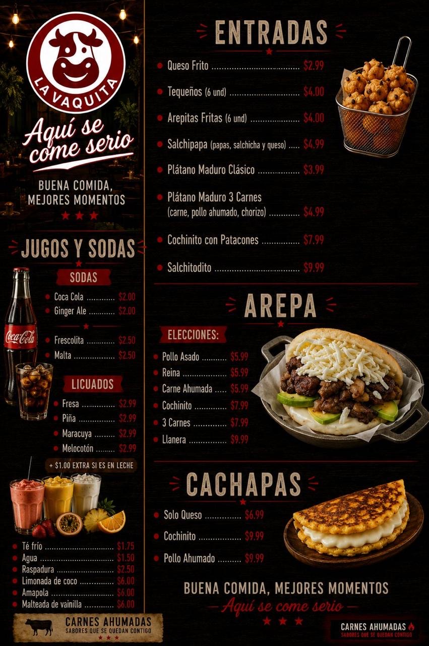 Menú original de entradas, bebidas, arepas y cachapas con precios