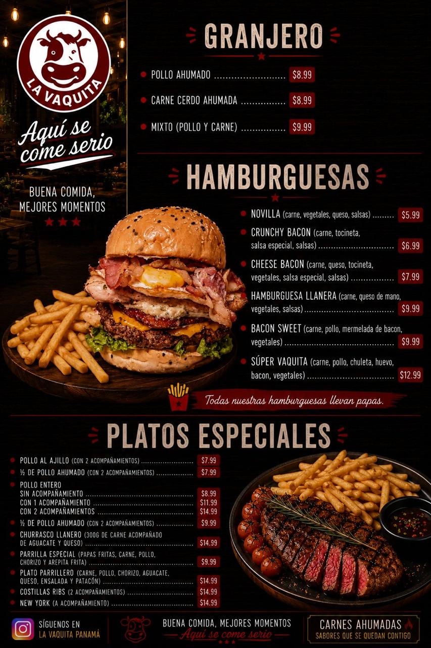Menú original de hamburguesas, granjero y platos especiales con precios
